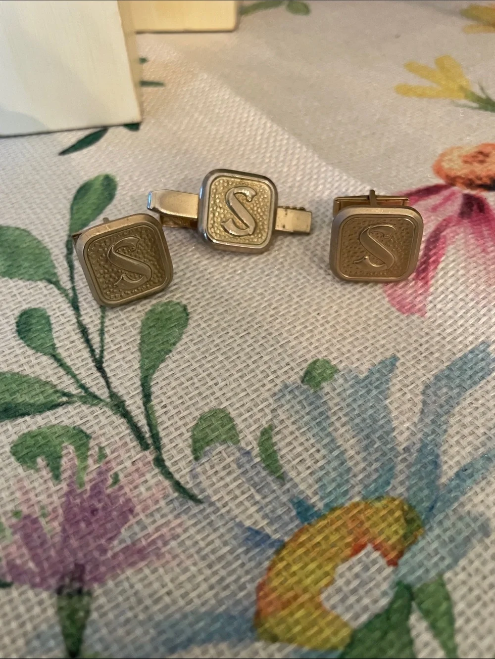Monogram 'S' Gold-Tone Cufflinks and Tie Clip Set